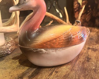 Vintage Covered Duck Dish – 8” Hand-Painted Ceramic Lidded Bowl