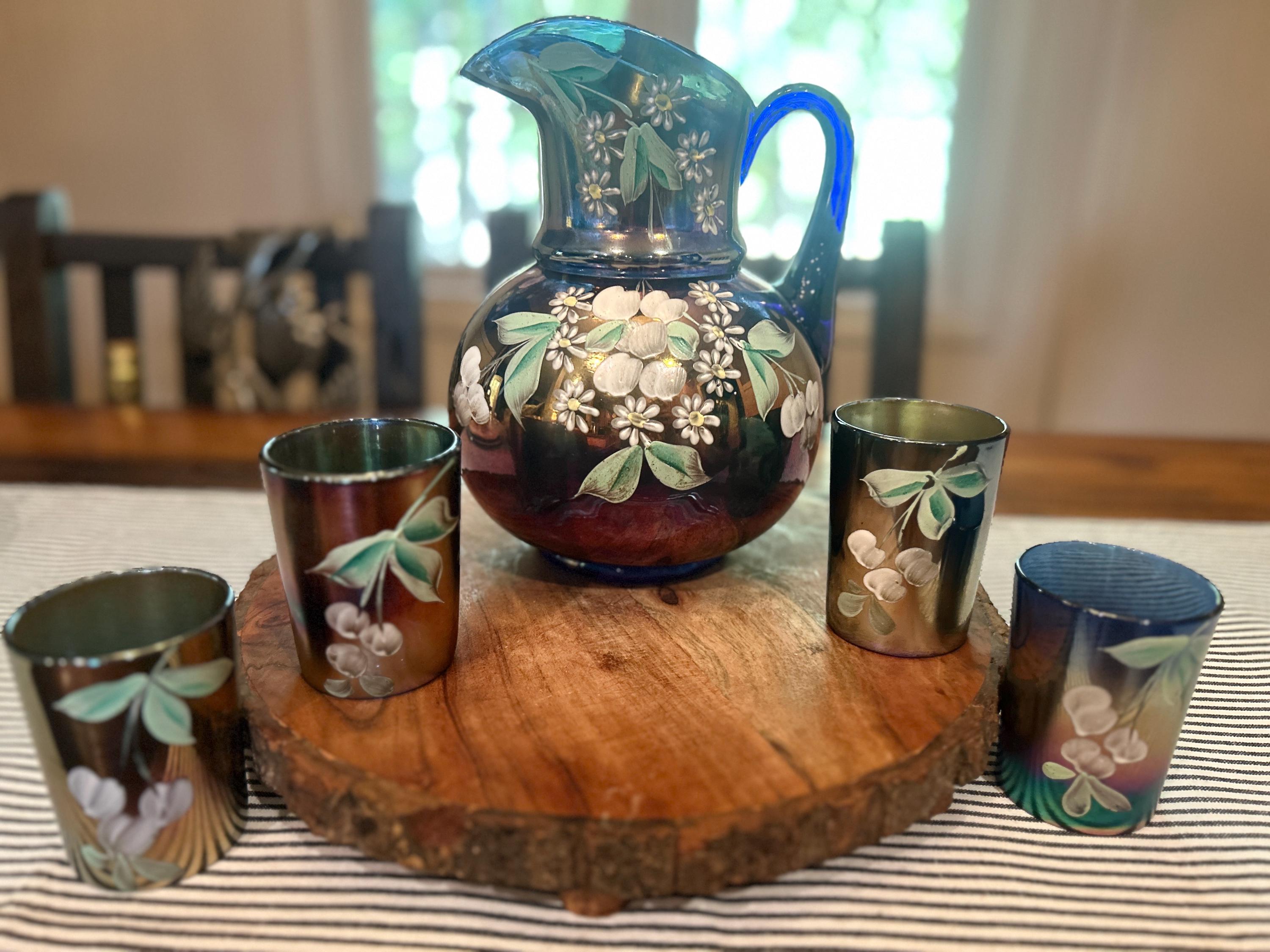 Vintage Fenton Carnival Glass Pitcher Set: Hand-painted Cherry