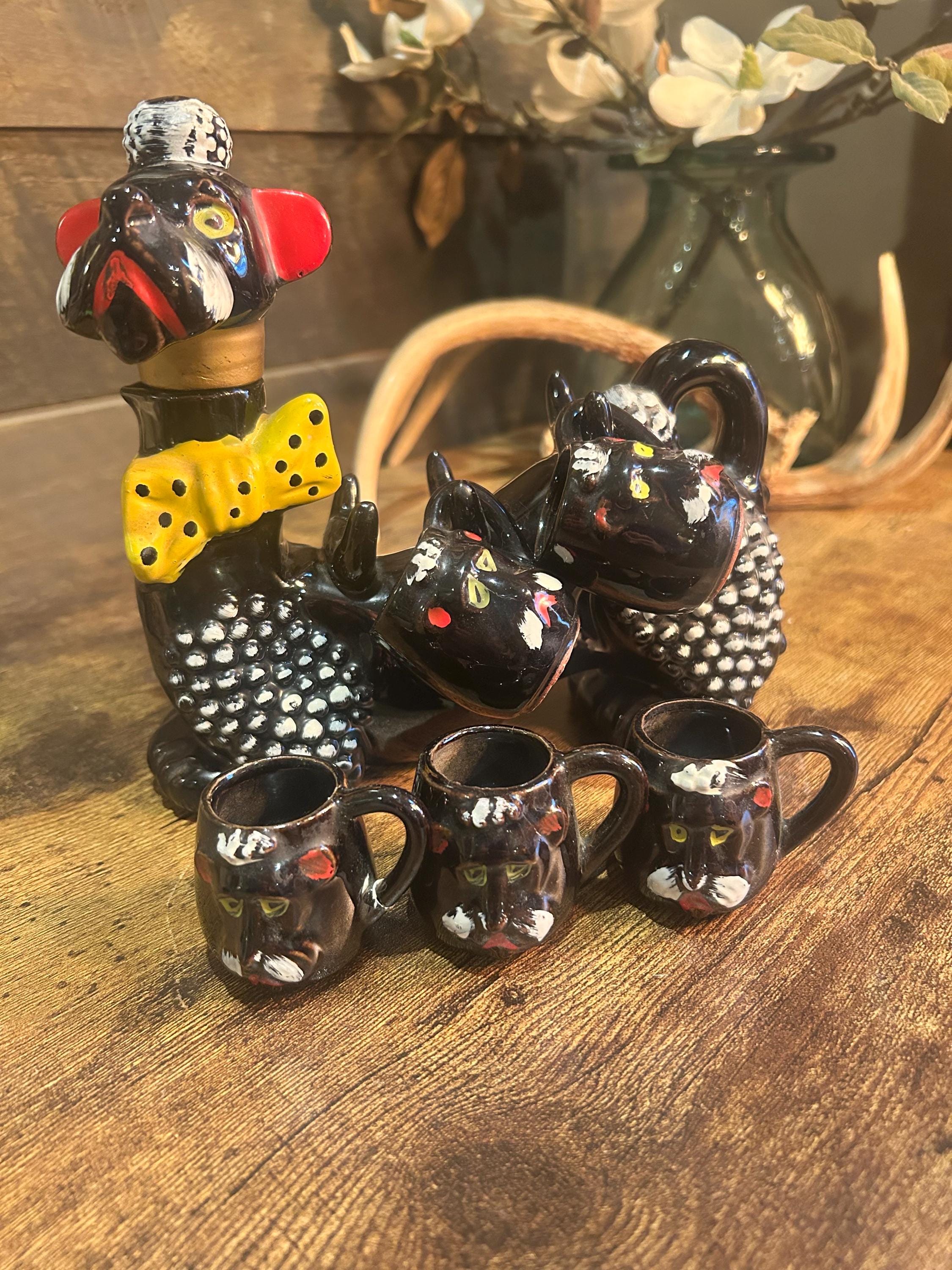 Vintage Japan Poodle Decanter Set With 5 Pup Cups – Hand-painted