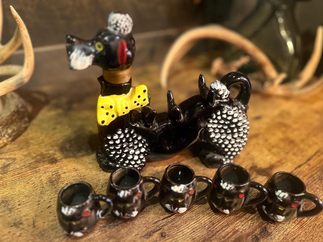 Vintage Japan Poodle Decanter Set With 5 Pup Cups – Hand-painted