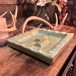 Vintage Mid-Century Modern Ashtray | Green Ceramic Abstract Design | 9” Square