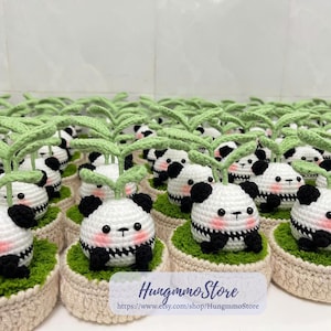 May include: A collection of handmade crochet panda plant pot decorations. Each panda has a white body with black accents, pink cheeks, and a green plant sprouting from its head. The pots are beige with green moss.