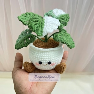 May include: A crocheted plant in a white pot with a smiling face, brown feet, and green and white leaves. The pot sits on a brown base. The text "Hungmmo Store" and a website address are visible.