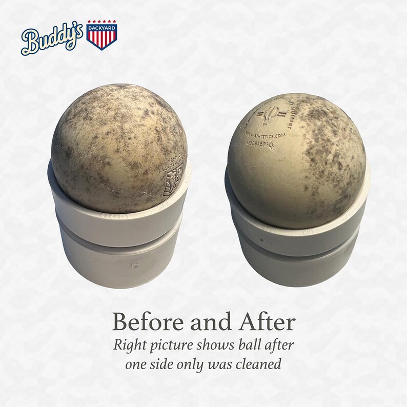 Puede incluir: Dos pelotas de lacrosse, una limpia, se muestran en soportes blancos. La pelota de la izquierda est&aacute; sucia, mientras que la de la derecha est&aacute; m&aacute;s limpia. La imagen incluye el texto "Before and After" y "Buddy's Backyard".