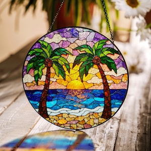 Tropical Sunset Palm Tree Ocean Art Suncatcher Handmade Window Decor Gift for Beach Lovers