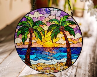 Tropical Sunset Palm Tree Ocean Art Suncatcher Handmade Window Decor Gift for Beach Lovers