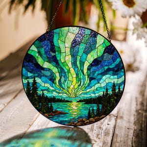 Northern lights lake view stained glass suncatcher window hanging gift for nature lover or Christmas decor