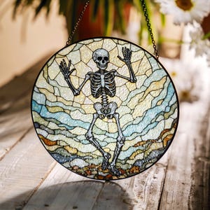 Skeleton Stained Glass Suncatcher with Colorful Design for Window Home Decor Gift for Halloween Lovers or Friends