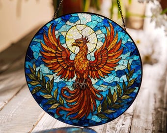 Vibrant Phoenix Rising Stained Glass Window Hanging Spiritual Suncatcher Gift for Mythology Lover