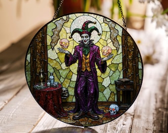 Suncatcher stained glass creepy jester Halloween decor gift for friend