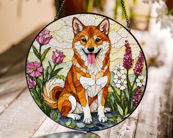 Shiba Inu Dog Stained Glass Suncatcher Window Decor Gift for Dog Lovers Birthday Present