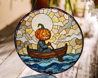 stained glass suncatcher pumpkin head rowboat under moonlight Halloween gift