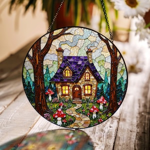 Whimsical cottage forest window suncatcher fairy tale stained glass gift for her birthday or housewarming