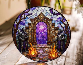 Suncatcher stained glass purple enchanted gate with knight guardians Halloween gift for mom