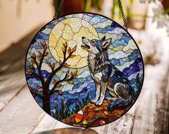Suncatcher stained glass wolf howling at moon Halloween window decor gift for mom