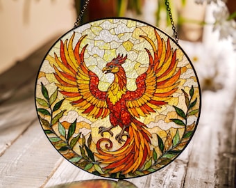 vibrant phoenix stained glass window hanging suncatcher gift for bird lovers