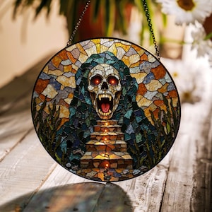 suncatcher stained glass haunted skull face horror decor Halloween gift