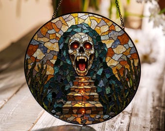 suncatcher stained glass haunted skull face horror decor Halloween gift