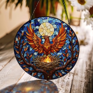 Phoenix rising with flames stained glass window hanging suncatcher rebirth gift for loved one