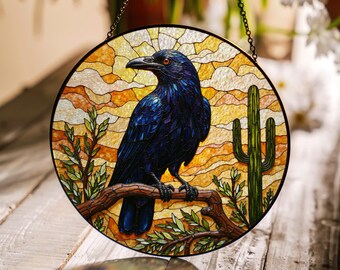 Desert raven cactus art stained glass suncatcher mystical bird decor gift for nature lovers