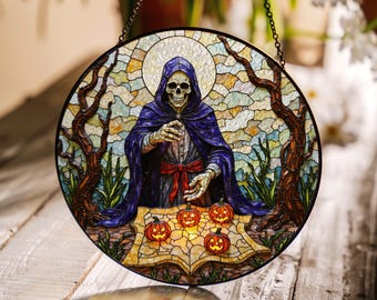 Suncatcher stained glass grim reaper with pumpkins Halloween gift