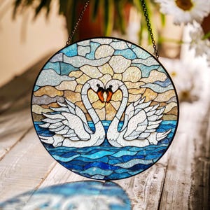 Romantic Swan Pair Stained Glass Suncatcher Window Decor Gift for Couples