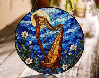 Stained Glass Harp Floral Blue Suncatcher Window Decor Gift for Music Lovers