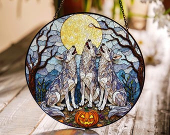 suncatcher window hanging three wolves howling at moon with pumpkin halloween gift decor