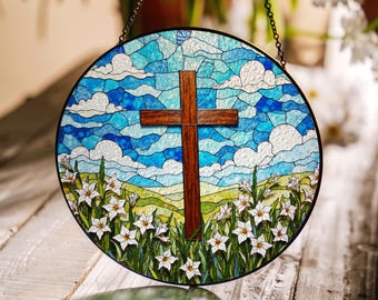 Stained Glass Cross Suncatcher Christian Window Decor Gift for Mom Dad Easter Gift