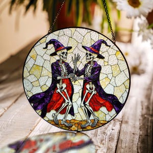 dancing skeleton witches stained glass suncatcher gothic window art halloween gift for best friend