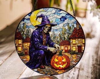 Suncatcher stained glass skeleton carving pumpkin Halloween gift for mom