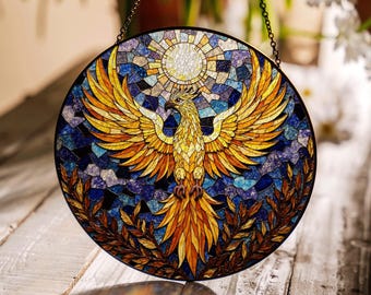 Phoenix Stained Glass Suncatcher Colorful Bird Window Art Gift for Mythology Lover