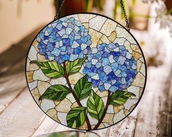 Blue Hydrangea Stained Glass Suncatcher Window Decor Gift for Mom Grandma Friend