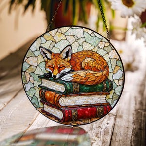 Sleeping fox on books stained glass suncatcher window decor gift for book lovers
