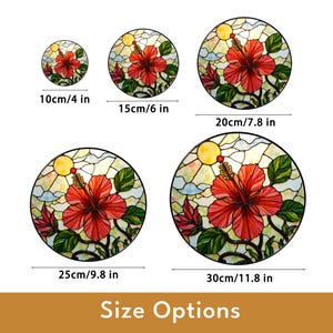 various sizes of circular stained glass windows, each featuring a different floral design.