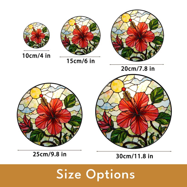 various sizes of circular stained glass windows, each featuring a different floral design.