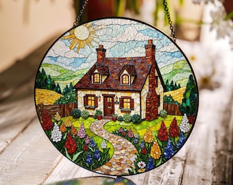 Cottage Stained Glass Suncatcher Window Hanging Gift for Mom Grandma Friend