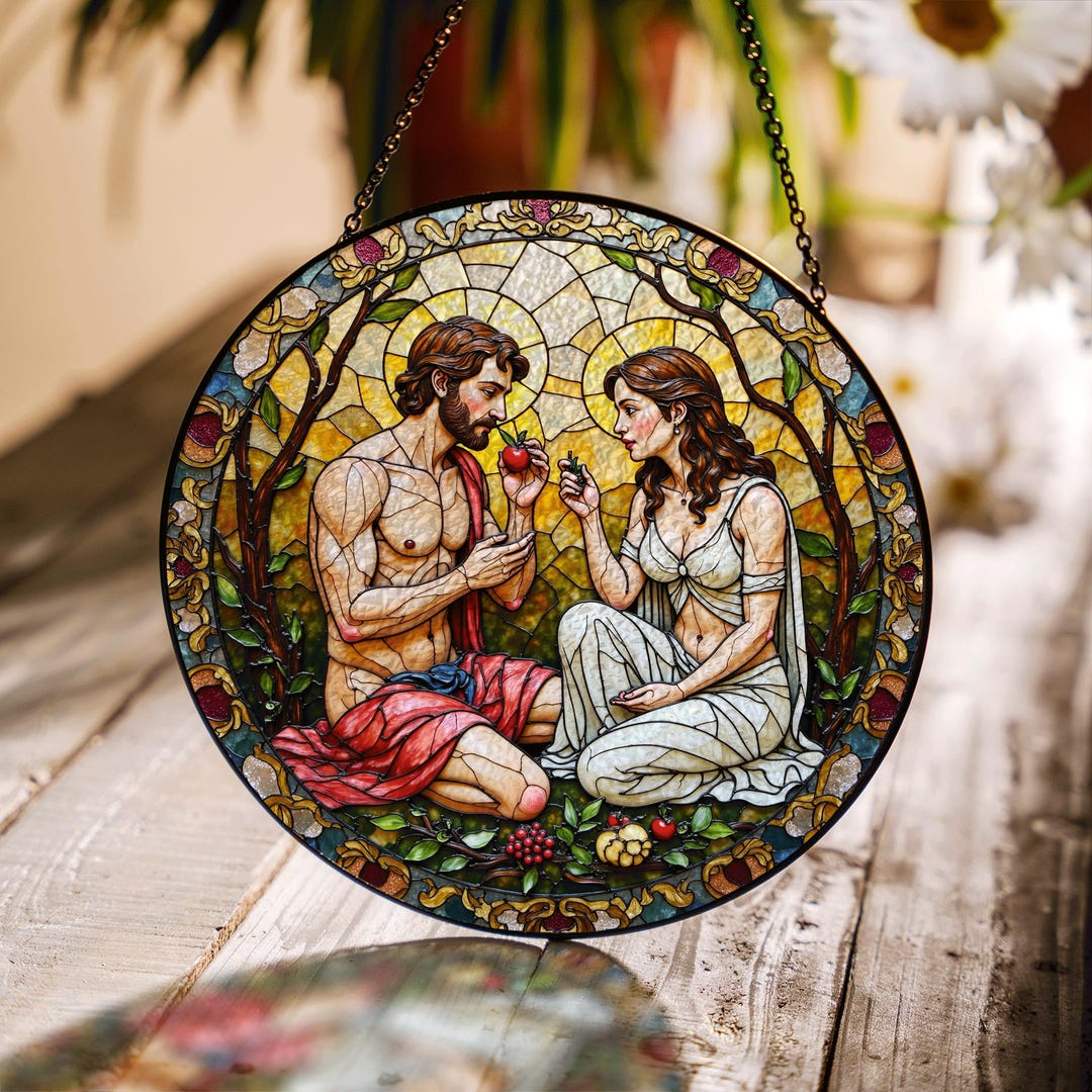 Adam and Eve Garden Scene Stained Glass Suncatcher Window Hanging Gift ...
