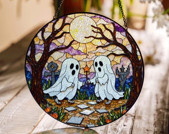 Suncatcher window hanging cute ghost duo stained glass Halloween gift