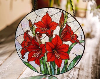 Red Amaryllis Flower Art Glass Window Hanging Suncatcher Gift for Mom or Nature Lover