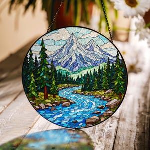 Stained Glass Mountain River Suncatcher Handcrafted Nature Gift