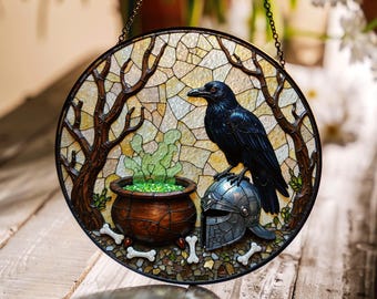 stained glass suncatcher raven cauldron bones and helmet halloween gift gothic home decor
