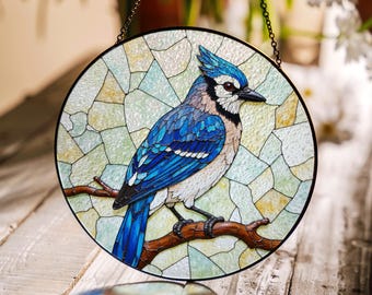 Blue jay bird stained glass suncatcher round window decor gift for bird lovers