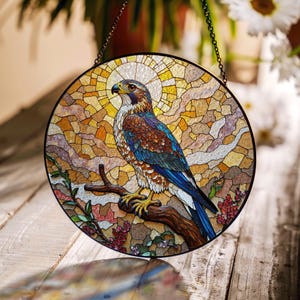 majestic hawk stained glass style round suncatcher window decor gift for nature lovers
