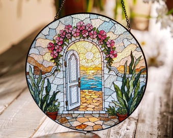 Stained Glass Doorway Suncatcher with Ocean Sunset – Coastal Window Decor Gift for Nature Lovers
