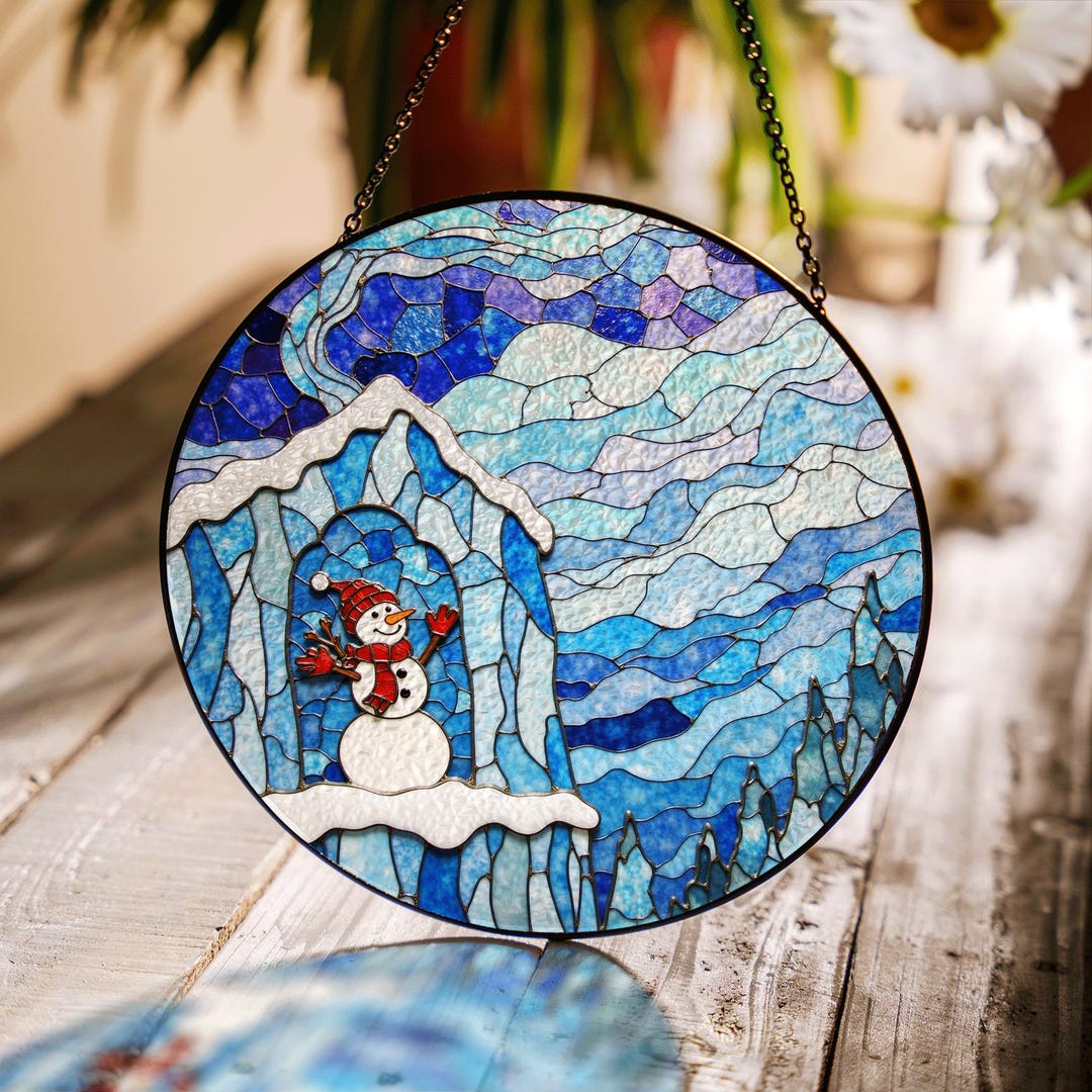 Suncatcher Stained Glass Snowman in Icy Cave Winter Christmas Gift for ...