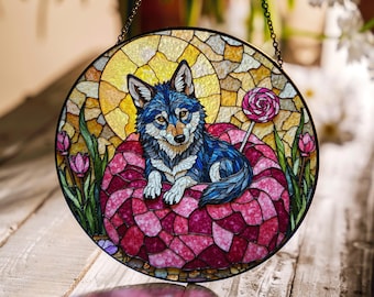 Suncatcher stained glass wolf in rose garden gift for mom Mothers Day gift nature decor window art