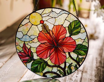 Red hibiscus flower stained glass round suncatcher window hanging decor gift for mothers day or garden lovers