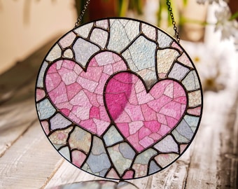Stained Glass Double Heart Suncatcher – Pink Romantic Window Hanging Gift for Wife or Girlfriend