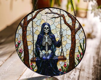 suncatcher stained glass grim reaper skeleton on swing Halloween gift gothic window decor